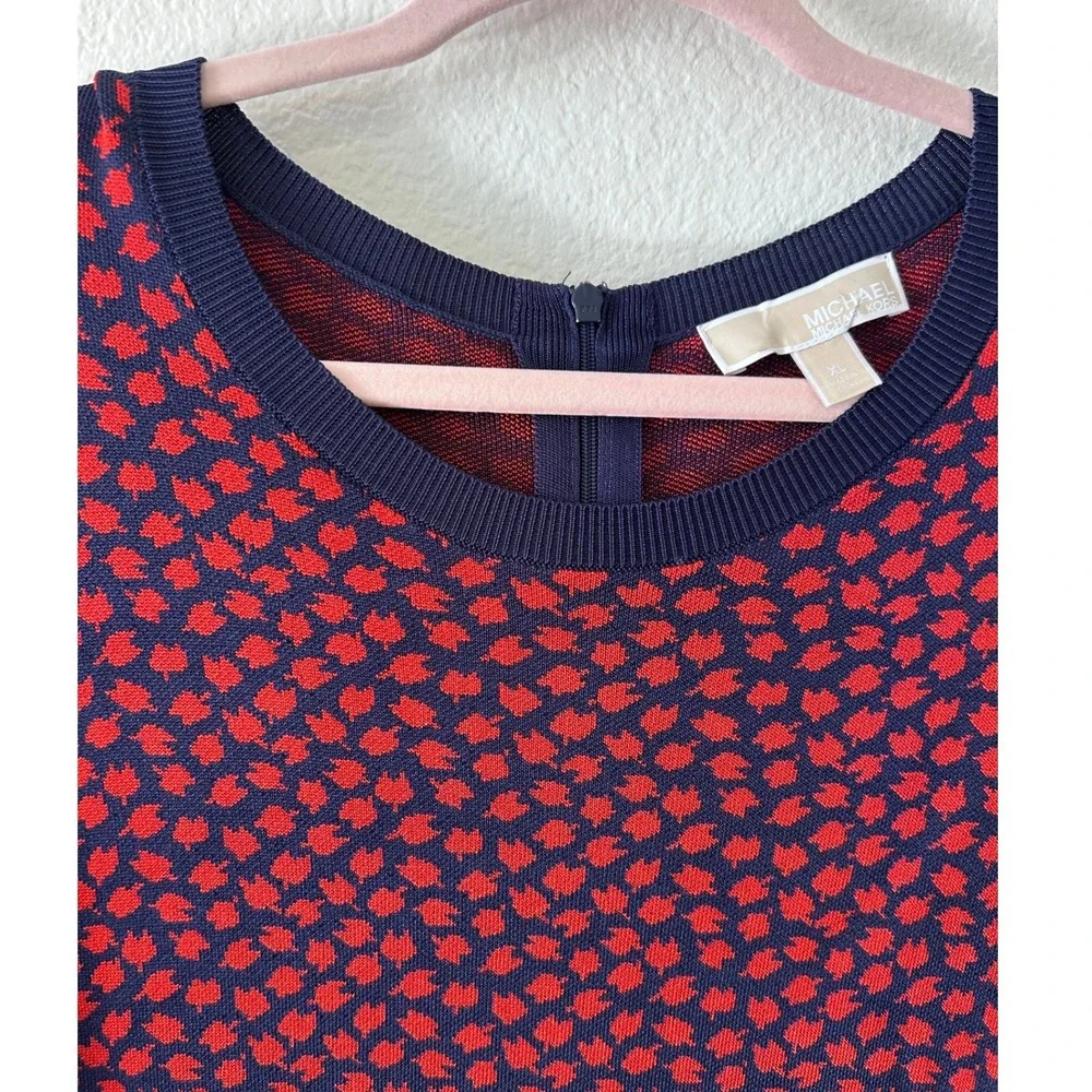 Michael‎ Kors Red Navy Leaf Print Knit Sweater Dress Long Sleeve Zipper XL
